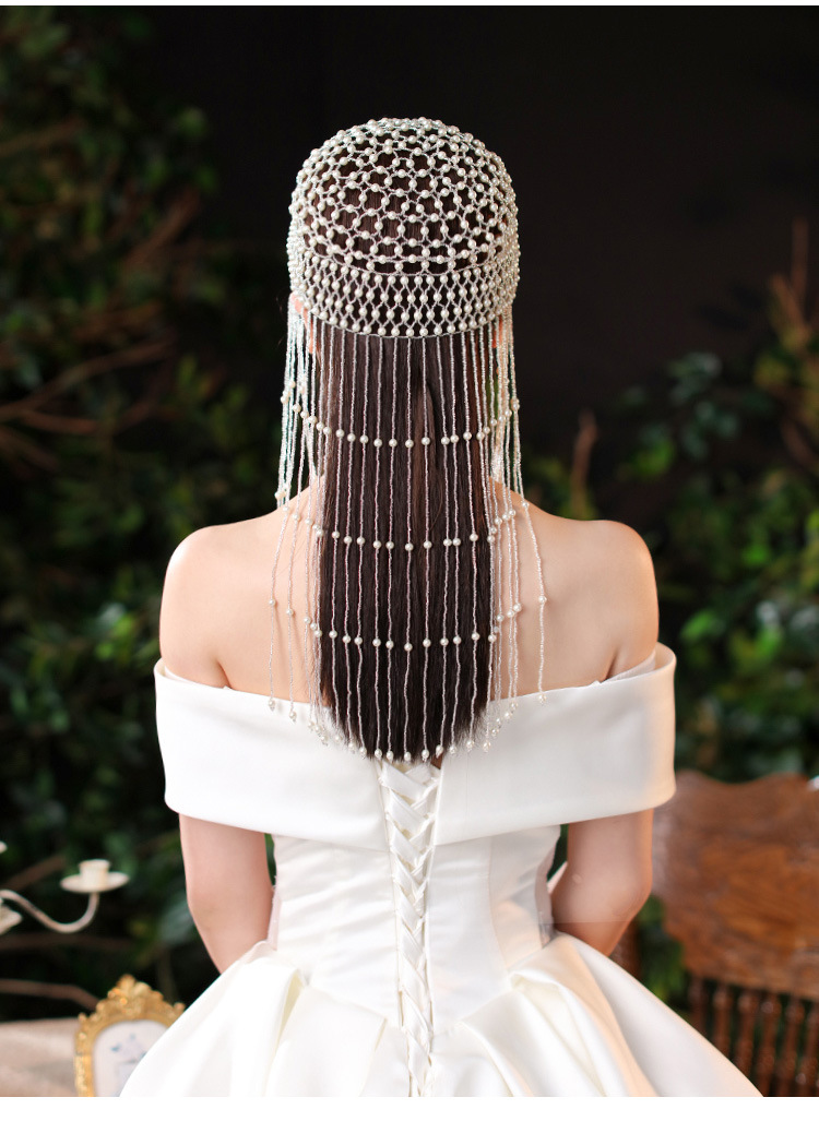 Bridal Hair Accessory Vintage Pearl Beaded Headpiece Handcrafted Crochet Design